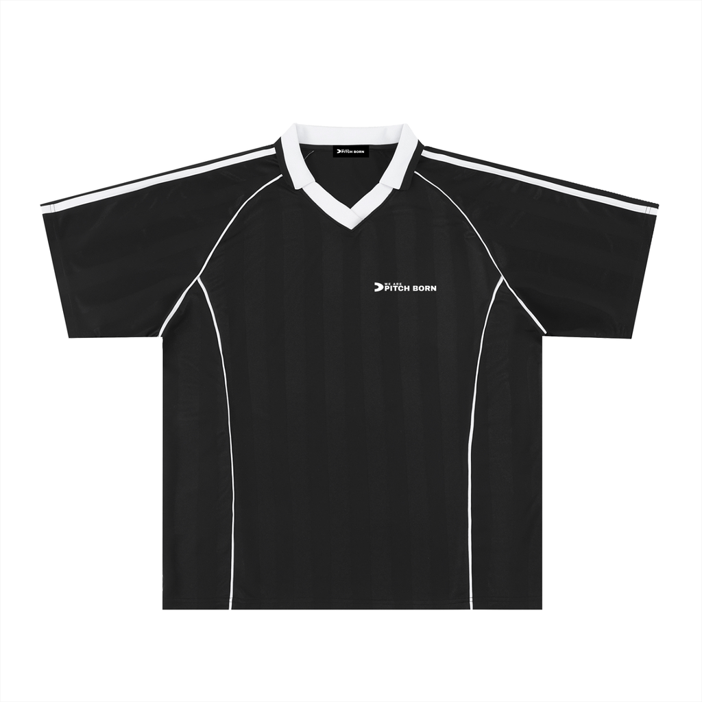 Black With White Detail Shadow Stripe Collared Football Top