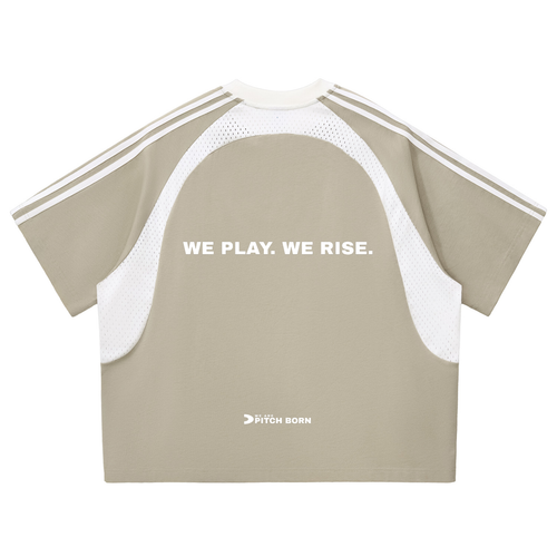 Beige and White Contrast Stripes Panel Mesh Training Top