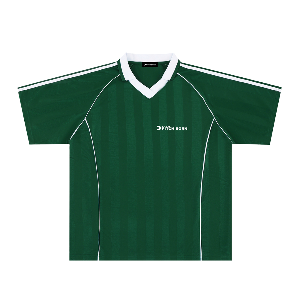 Green with White Detail Shadow Stripe Collared Football Top