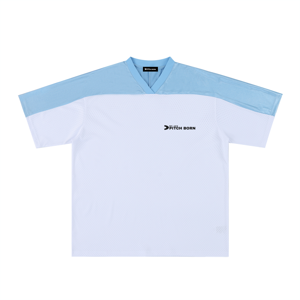 Blue and White Oversized Mesh V-Neck Football Top