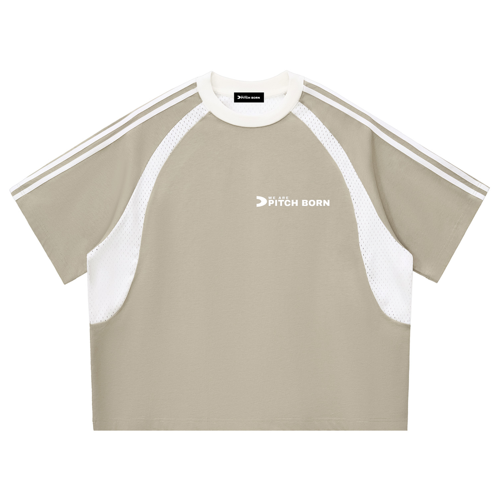 Beige and White Contrast Stripes Panel Mesh Training Top
