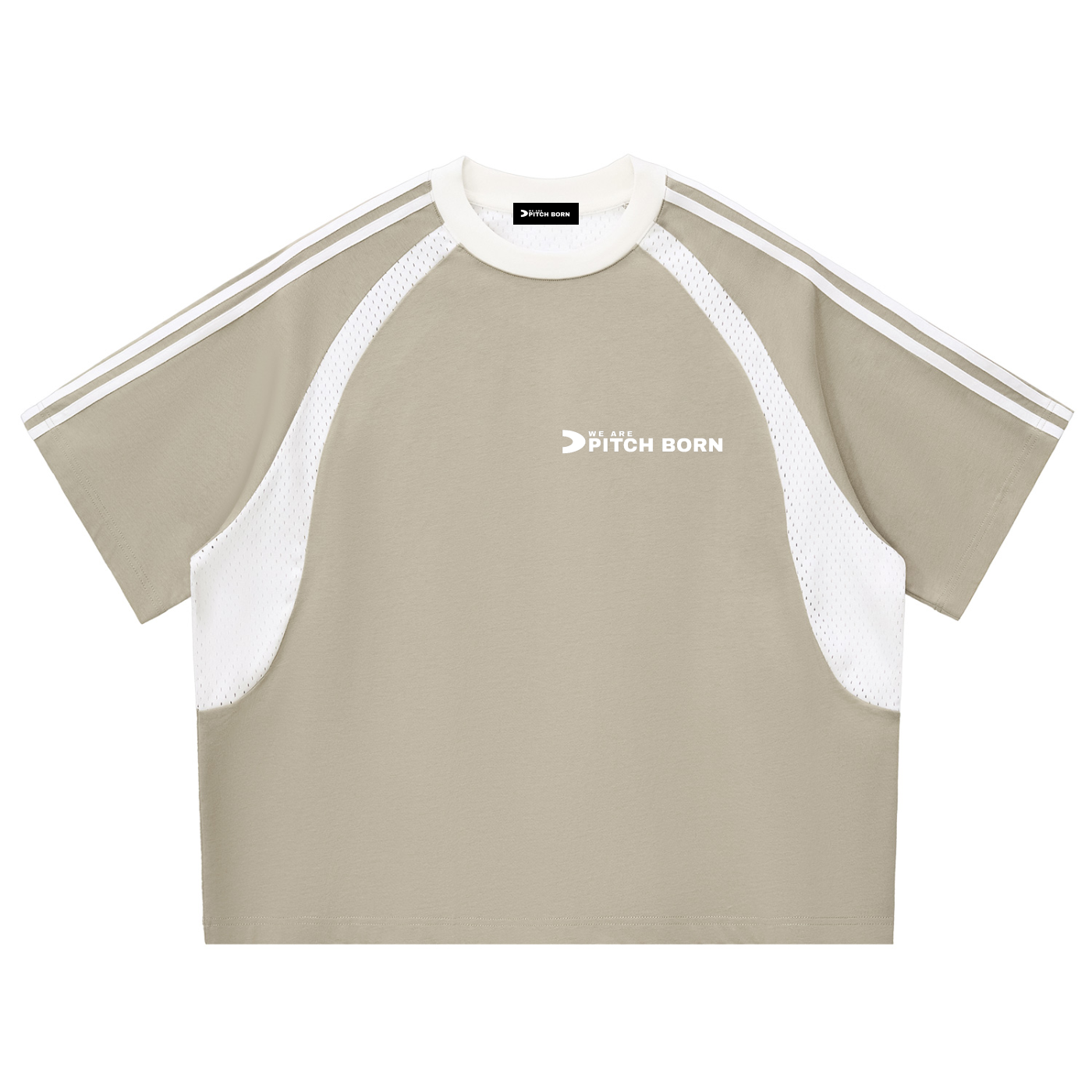 Beige and White Contrast Stripes Panel Mesh Training Top