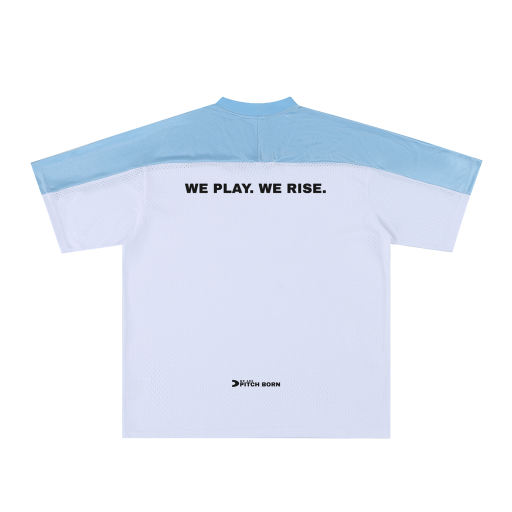 Blue and White Oversized Mesh V-Neck Football Top